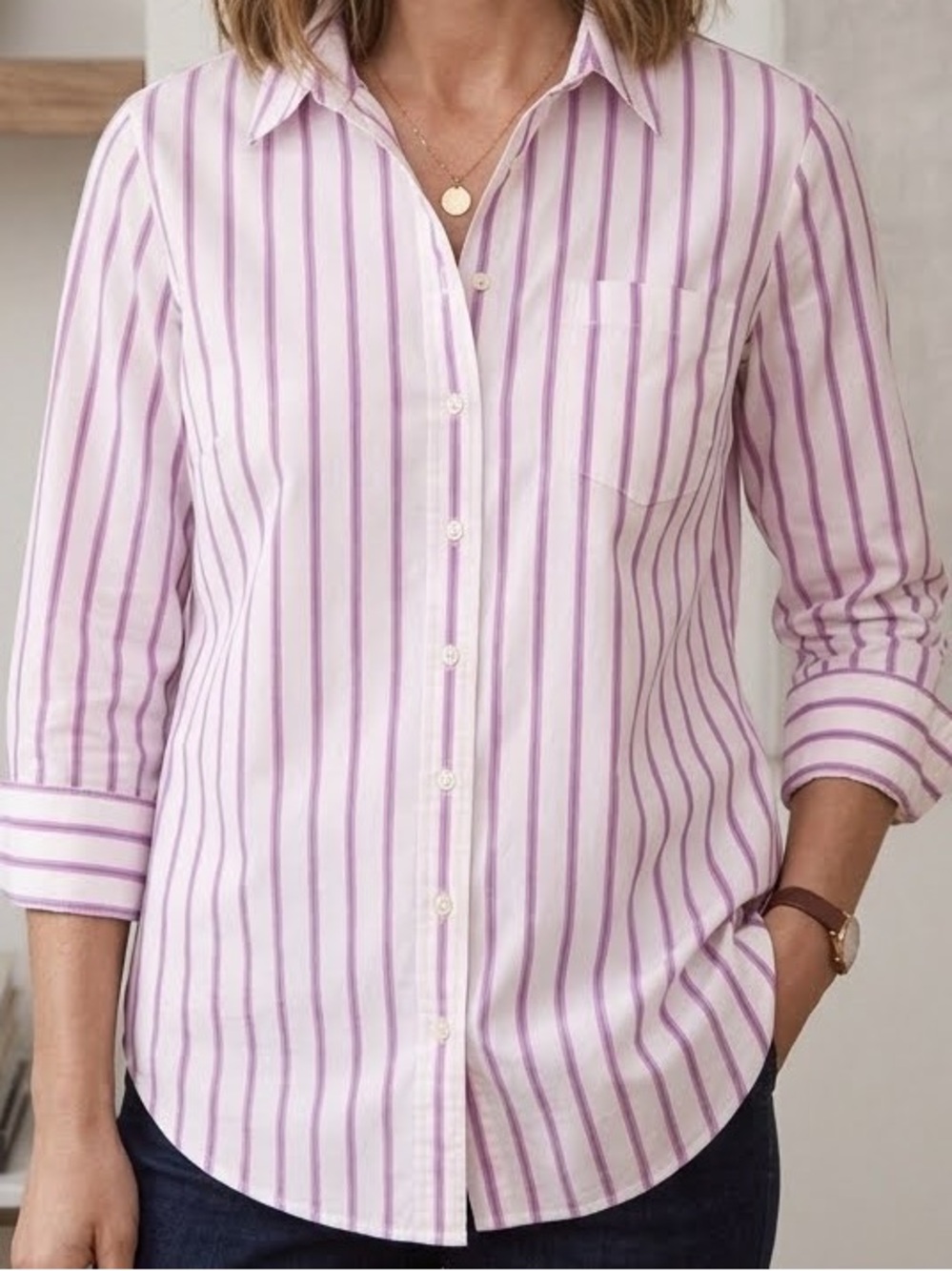 Talbots Petite Button-Up Shirt Pink White Blue Striped pocket cotton XLP casual